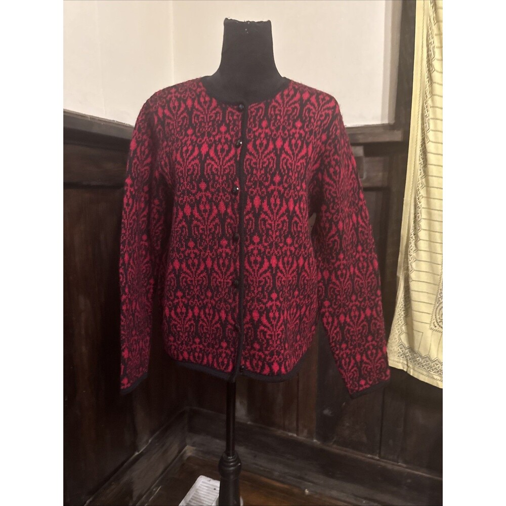 Vintage Karen Scott M Wool Sweater Cardigan Old Money Classic Bespoke Red Black